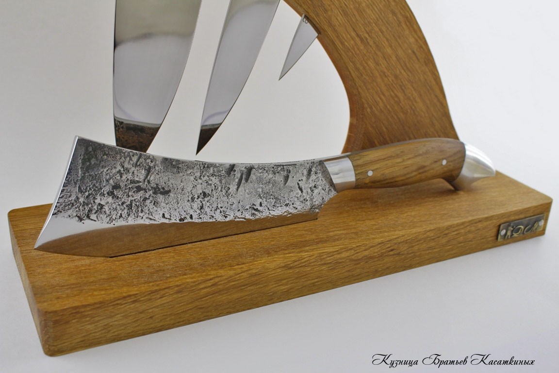  Set of Kitchen Knives and Cleaver "Ratatouille" in a Stand. 95kh18 Steel. Oak Wood 