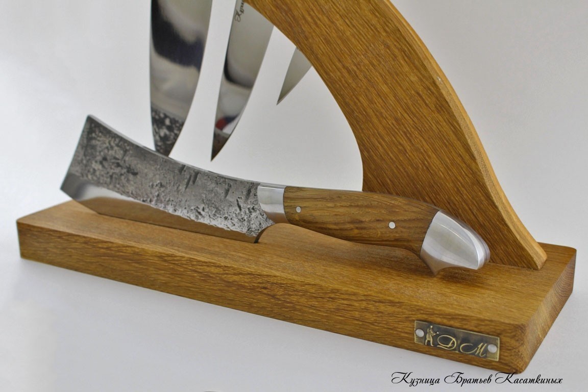   Set of Kitchen Knives and Cleaver "Ratatouille" in a Stand. 95kh18 Steel. Oak Wood 